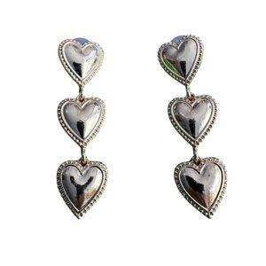 Dangly Pierced Drop Earrings Featuring 3 Cascading Hearts with Detailed Edges